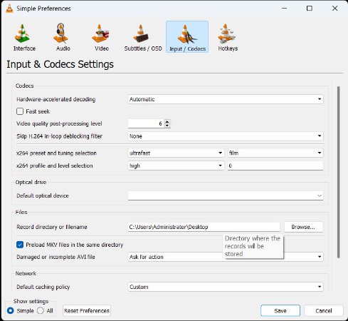 vlc input codecs settings