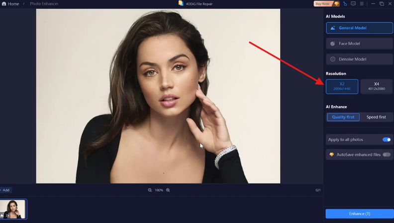4ddig ai photo enhancer preview and resolution selection