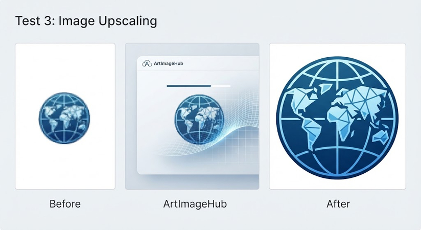 A visual comparison of a small, pixelated web icon on the left, next to a large, sharp, high-resolution version of the same icon on the right, demonstrating 4x upscaling