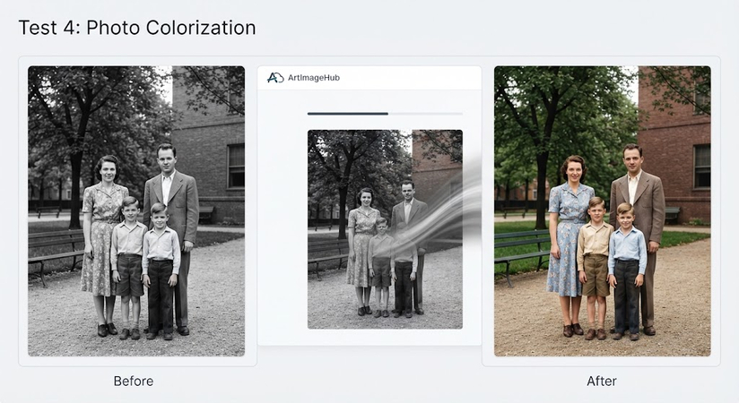 A black-and-white historical street scene on the left transformed into a naturally colorized image on the right, showing realistic tones for brickwork, foliage, and clothing