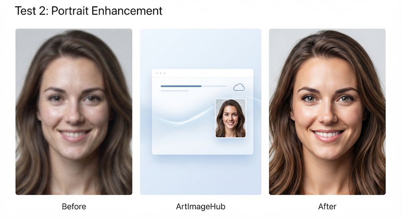 A split screen displaying a blurry, low-light portrait on the left, and a sharply focused, brightened, and color-corrected version on the right