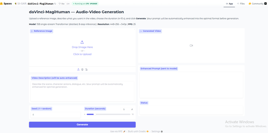 DaVinci-MagiHuman interface showing AI video and audio generation dashboard