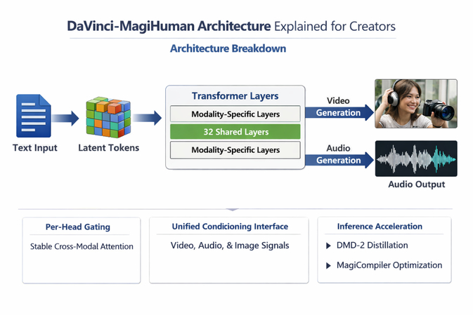 DaVinci-MagiHuman architecture from text input to latent tokens and transformer layers