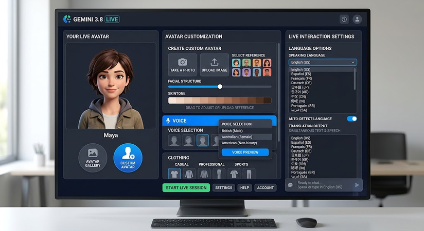 Gemini 3.8 Live interface displaying custom avatar selection and language options