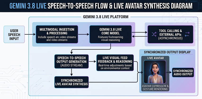 Technical diagram illustrating speech-to-speech flow and Live Avatar synthesis in Gemini 3.8 Live