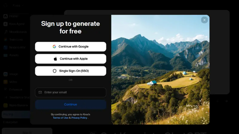 krea website where users can sign up or log in