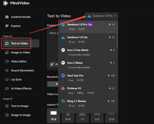mindvideo ai text to video feature