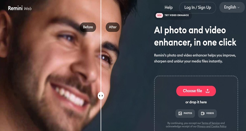 Screenshot of the Remini app showing a before and after face enhancement comparison