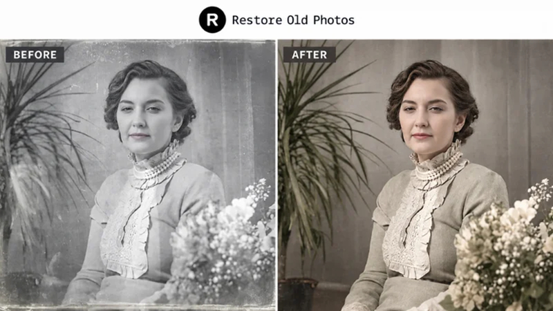 damaged photo beside its restored and colorized version