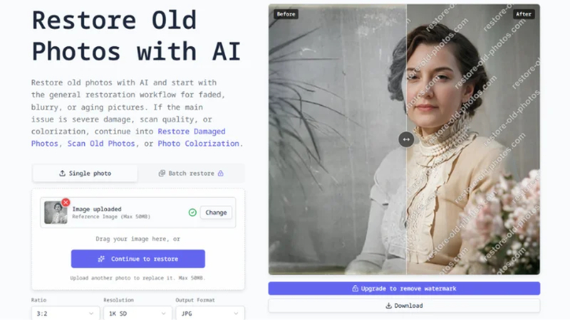 previewing a restored photo beside the original
