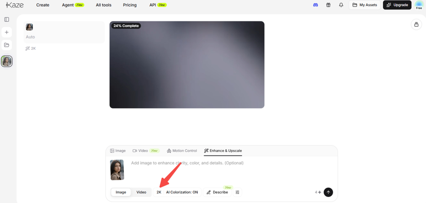 Select an image enhancement feature in Kaze AI