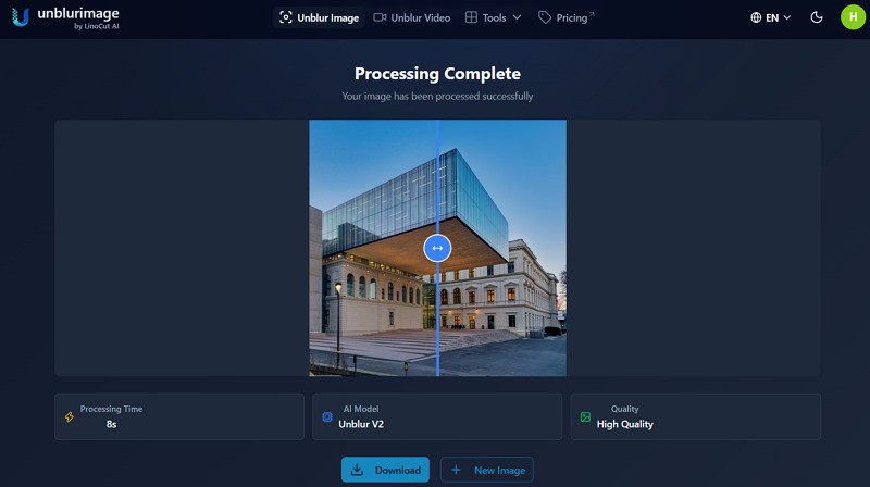 Preview and download enhanced photo from UnblurImage.AI