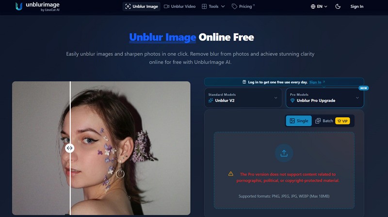 UnblurImage.AI online photo enhancement interface