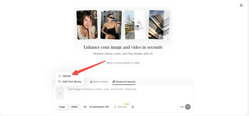Upload an image to Kaze AI for enhancement