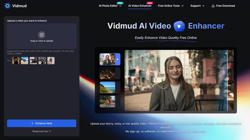 upload video to vidmud video enhancer