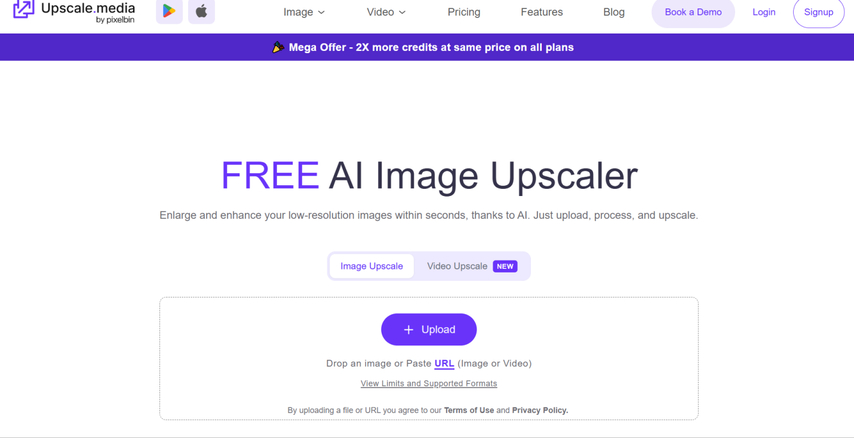 Upscale.media web page showing online image resolution enhancement preview