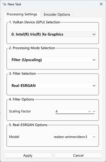 video2x upscale processing settings