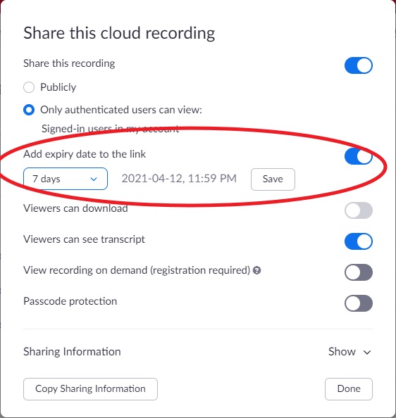 how to share zoom recording link