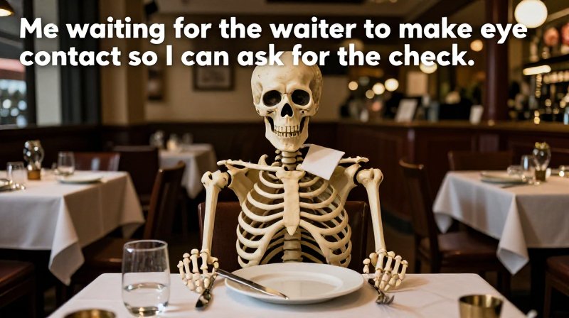 starving skeleton meme at restaurant