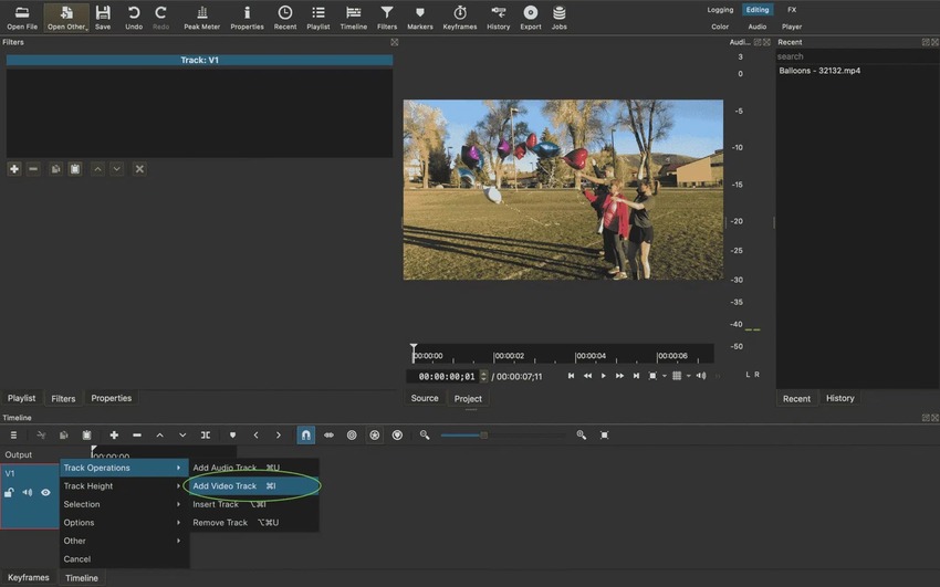 click insert track in shotcut