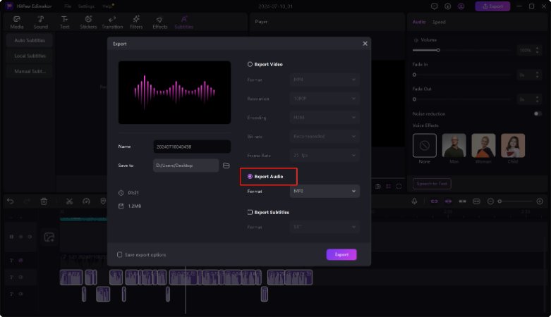 edimakor translate audio file export