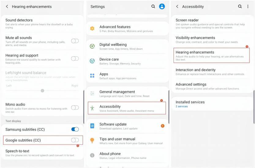 go to accessibility, hearing enhancements, google subtitles