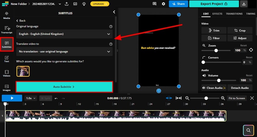 ejecutar auto subtitulado en kapwing