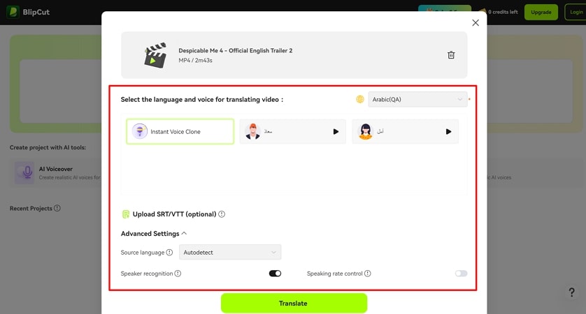 select arabic as language on blipcut