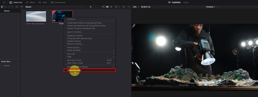 démarrer transcription audio davinci resolve