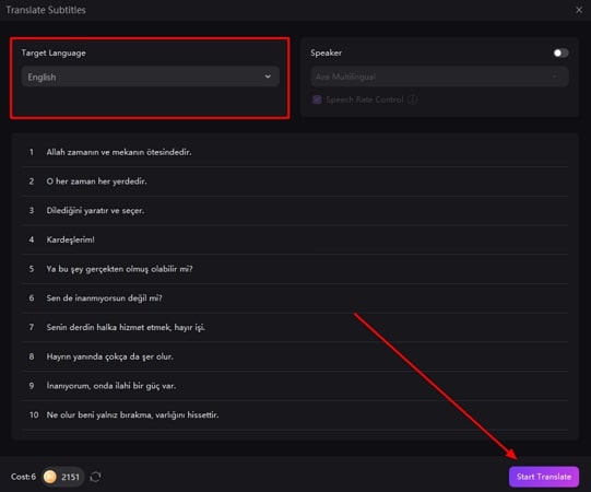 generate subtitles and start translation