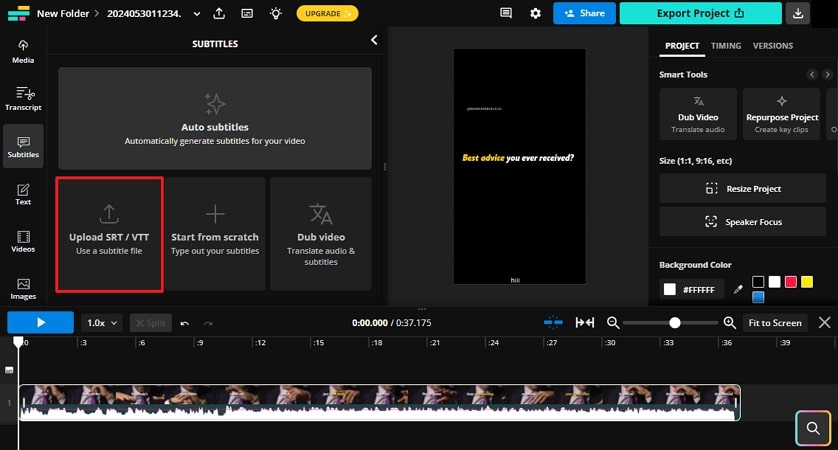 comenzar subiendo archivo srt a kapwing