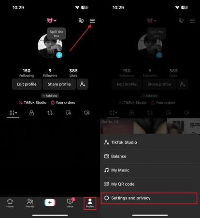 select settings and privacy on tiktok account