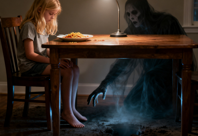 ghostly figure menaces girl at dinner table