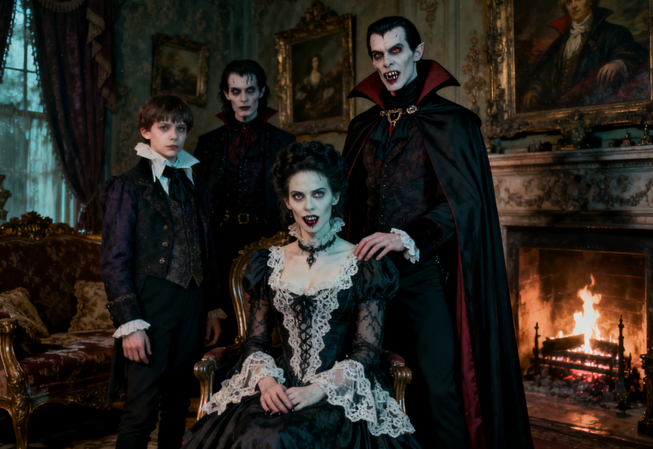 gothic vampire family in opulent chamber