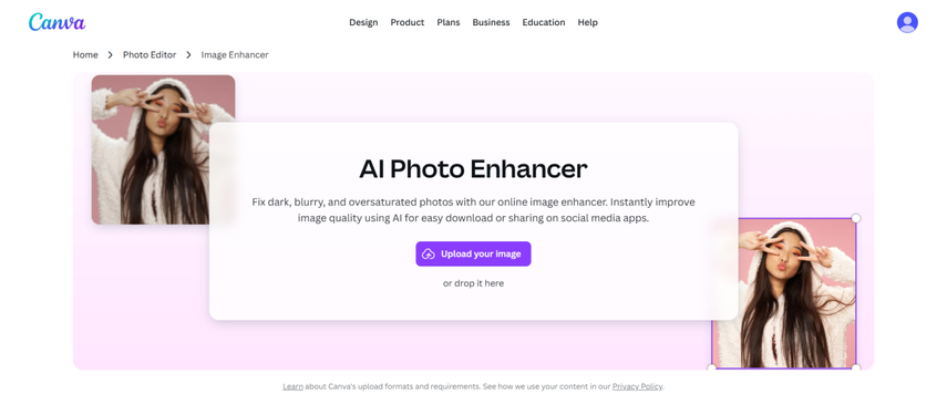 Canva ai photo enhancer desktop homepage screenshot