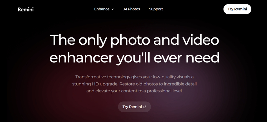 homepage screenshot of ai remini ai photo enhancer app