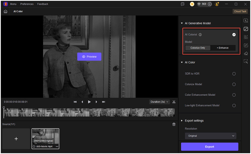 choose ai colorist model to convert black and white video to color