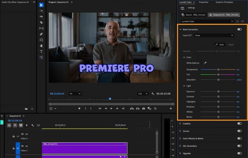 Lumetri Color Grundlegende Korrektur LUT manuell laden Premiere Pro