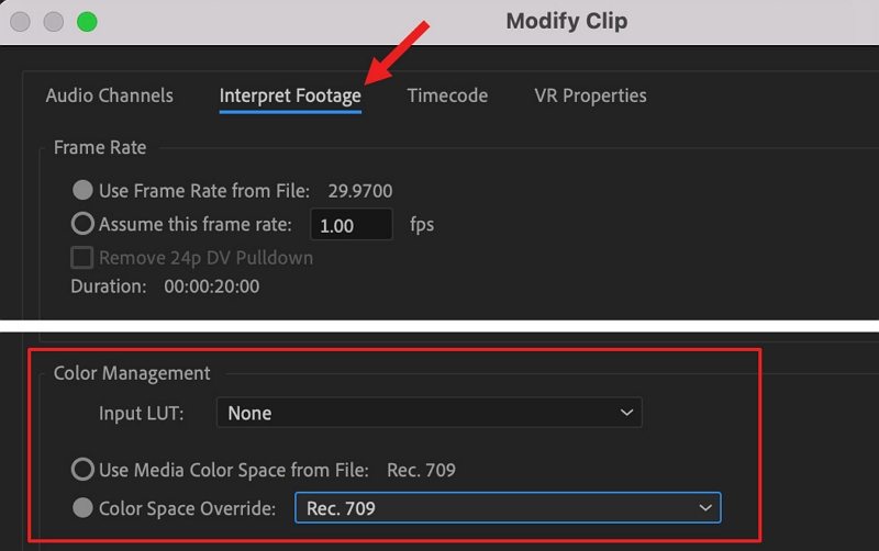 Farbraum-Override Einstellung in Premiere Pro für LUT-Fix