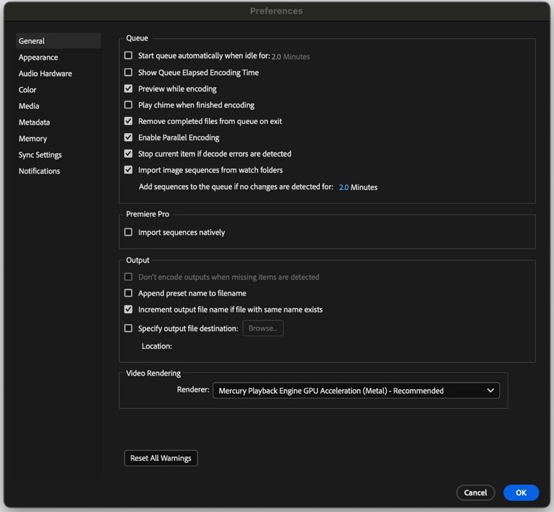 Adobe Media Encoder Sequenzen nativ importieren deaktivieren LUT Export Fix