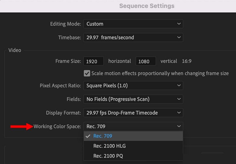 Arbeitsfarbraum HDR auf Rec 709 zurücksetzen Premiere Pro