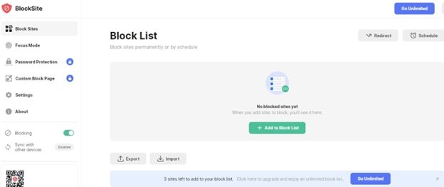 add to block list in blocksite