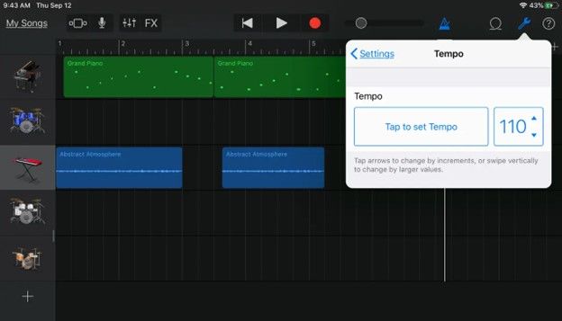 how do you change the tempo in garageband on iphone