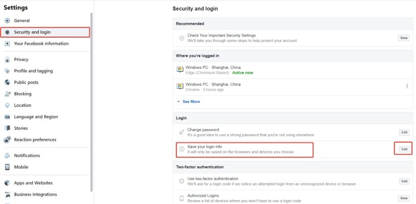 إعدادات الأمان وتسجيل الدخول للفيسبوك