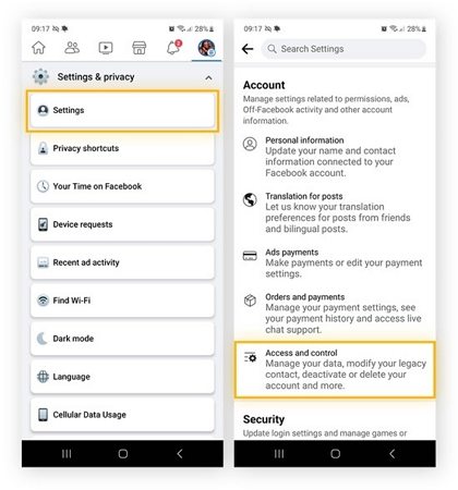 acesso e controle nas configurações do facebook