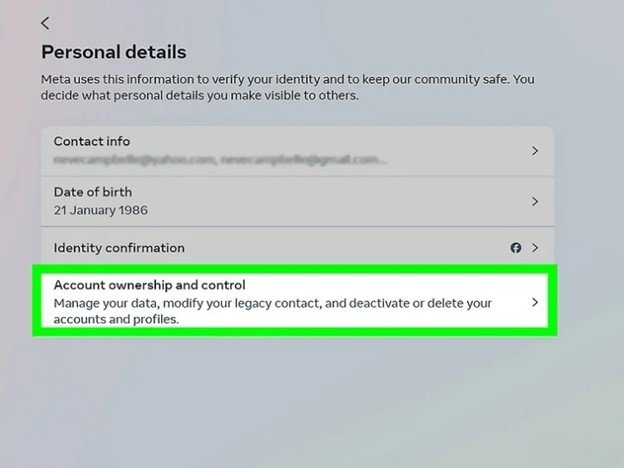propriedade e controle da conta do facebook