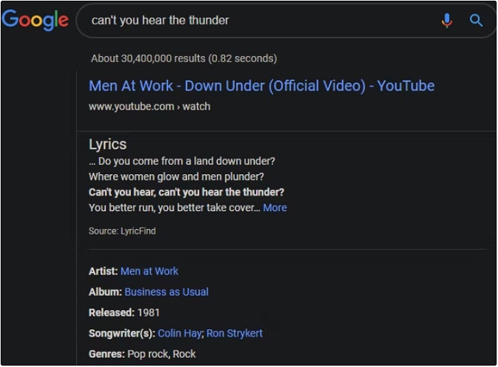 find music in youTube video using lyrics