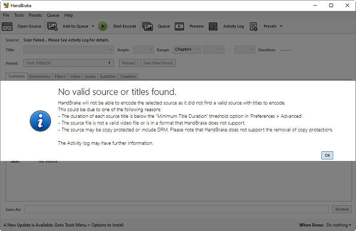 How to Fix HandBrake No Valid Source Found Error?