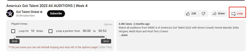 bucle de una parte de un vídeo de youtube