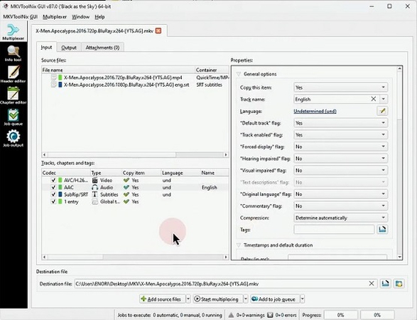 multiplexer sous-titres PGS avec vidéo MKVToolNix